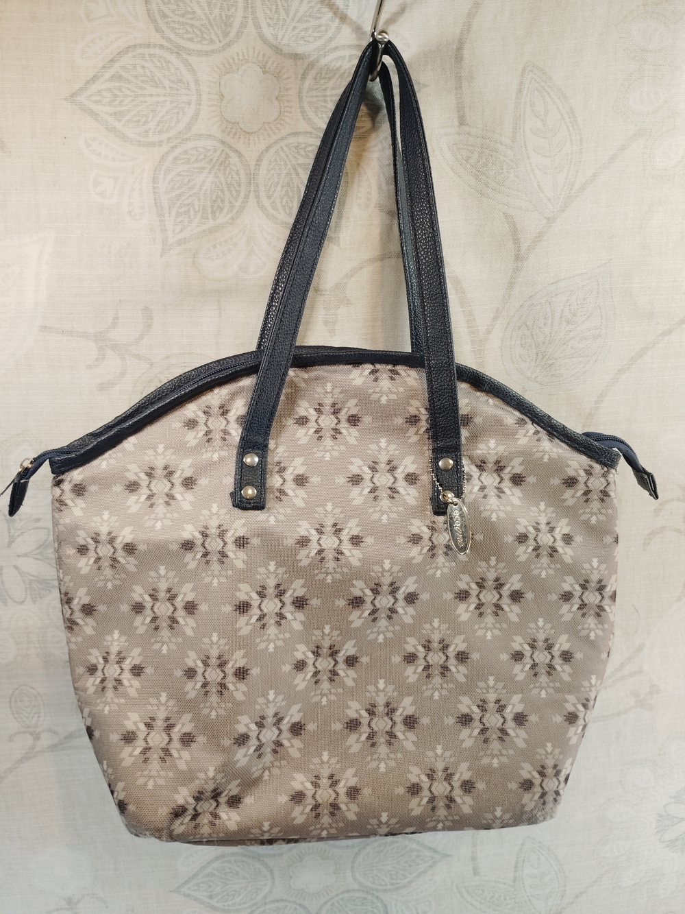 Neutral Patterned Insulated Lunch Tote Bag with Blue Handles